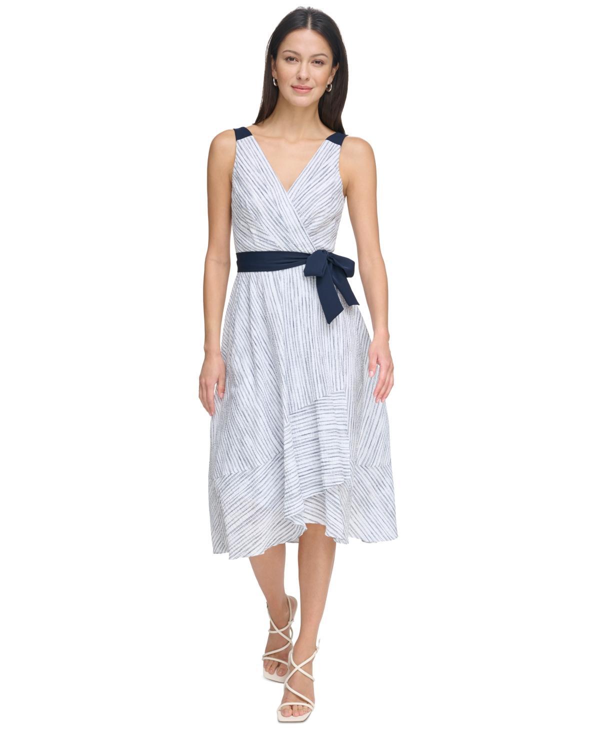 Women's Striped-Cotton Tie-Waist V-Neck Midi Dress Product Image