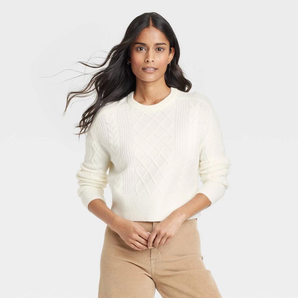 Womens Crewneck Cashmere-Like Cable Pullover Sweater - Universal Thread Cream Product Image