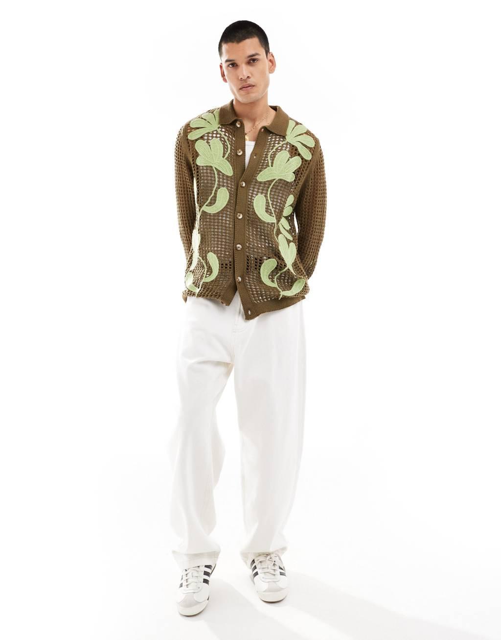 ASOS DESIGN knit crochet button up collar cardigan in khaki with floral embroidery Product Image