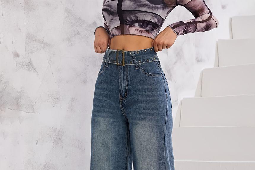 High Waist Washed Wide Leg Jeans Product Image