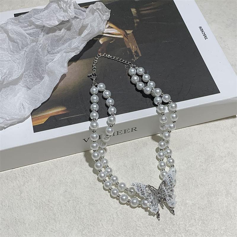 Butterfly Faux Pearl Double Row Choker Product Image