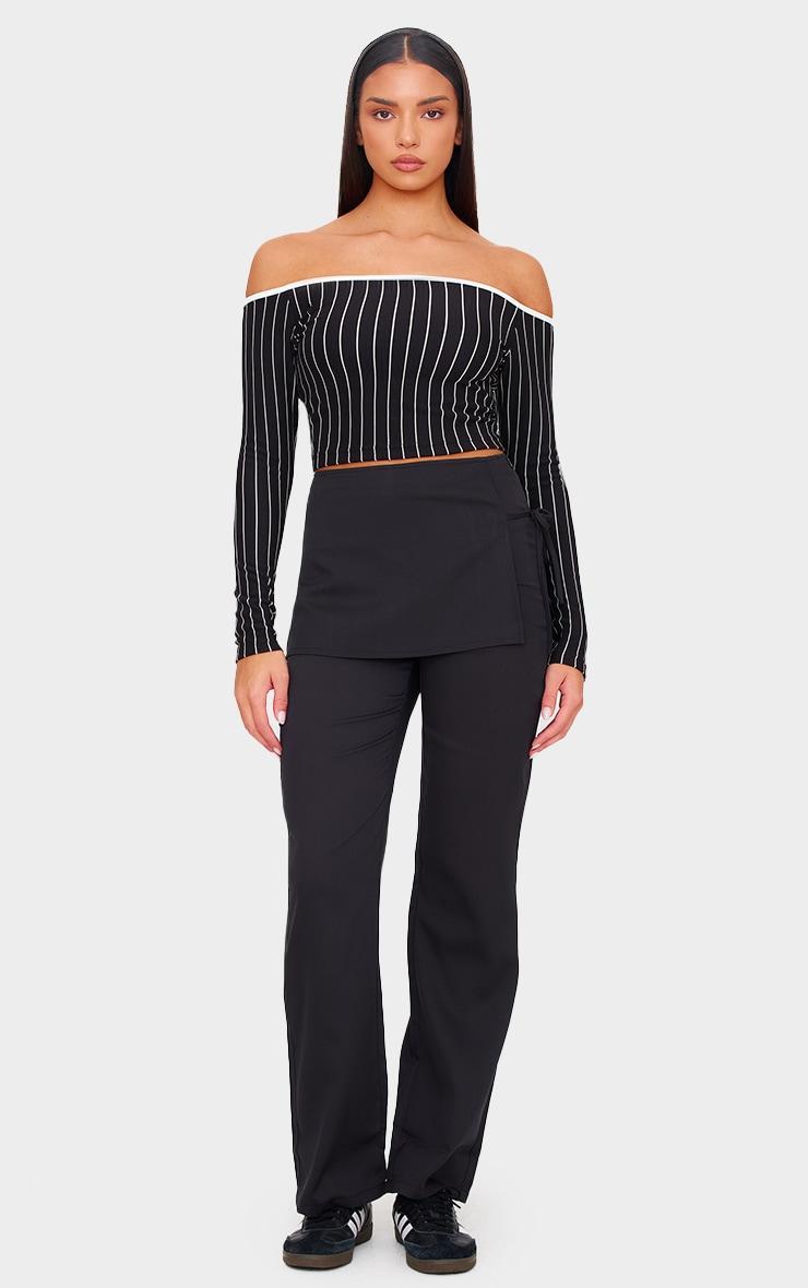 Black Contrast Detail Pinstripe Bardot Long Sleeve Top Product Image