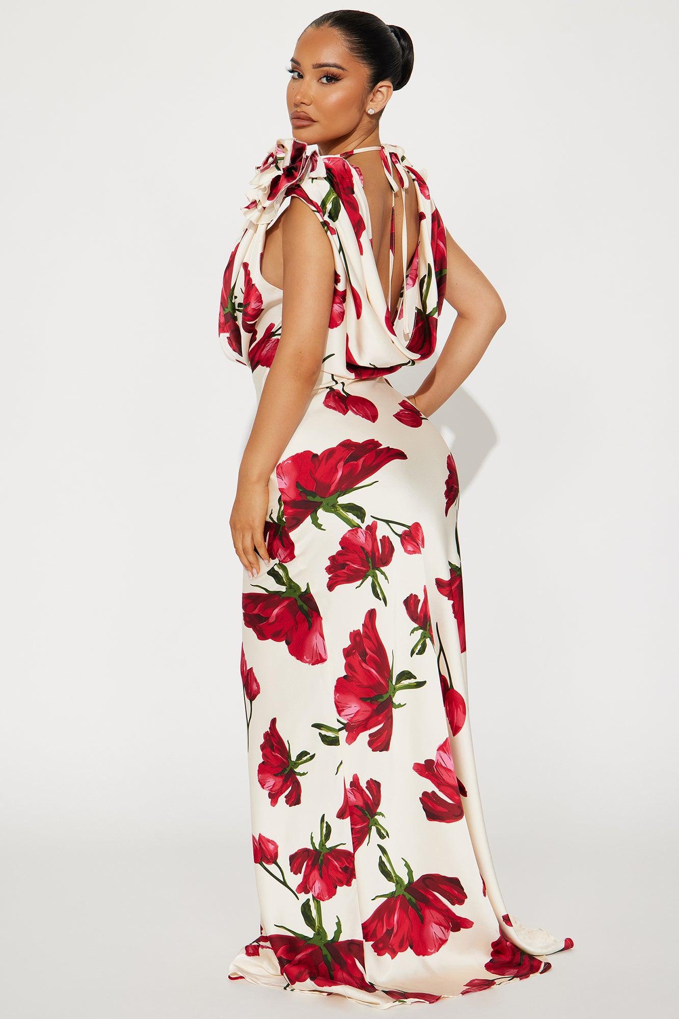 Positano Cowl Neck Floral Satin Maxi Dress - Ivory/combo Product Image