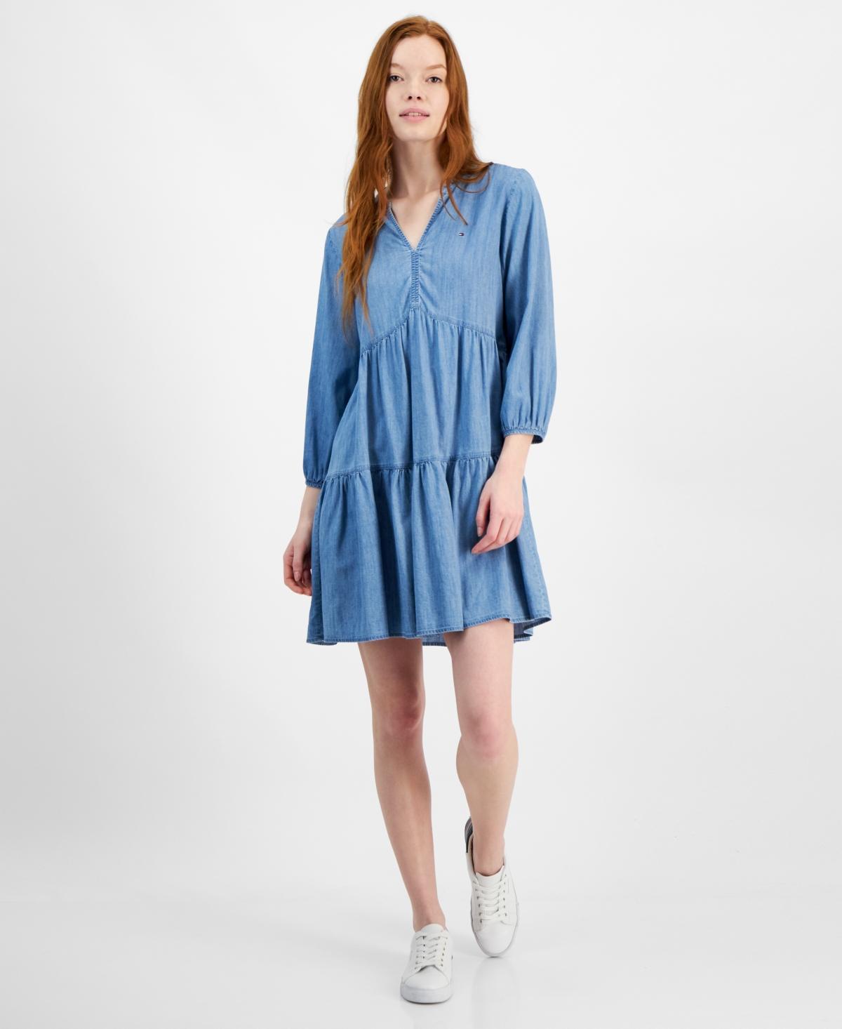 Tommy Hilfiger Womens Split-Neck Tiered Mini Dress Product Image