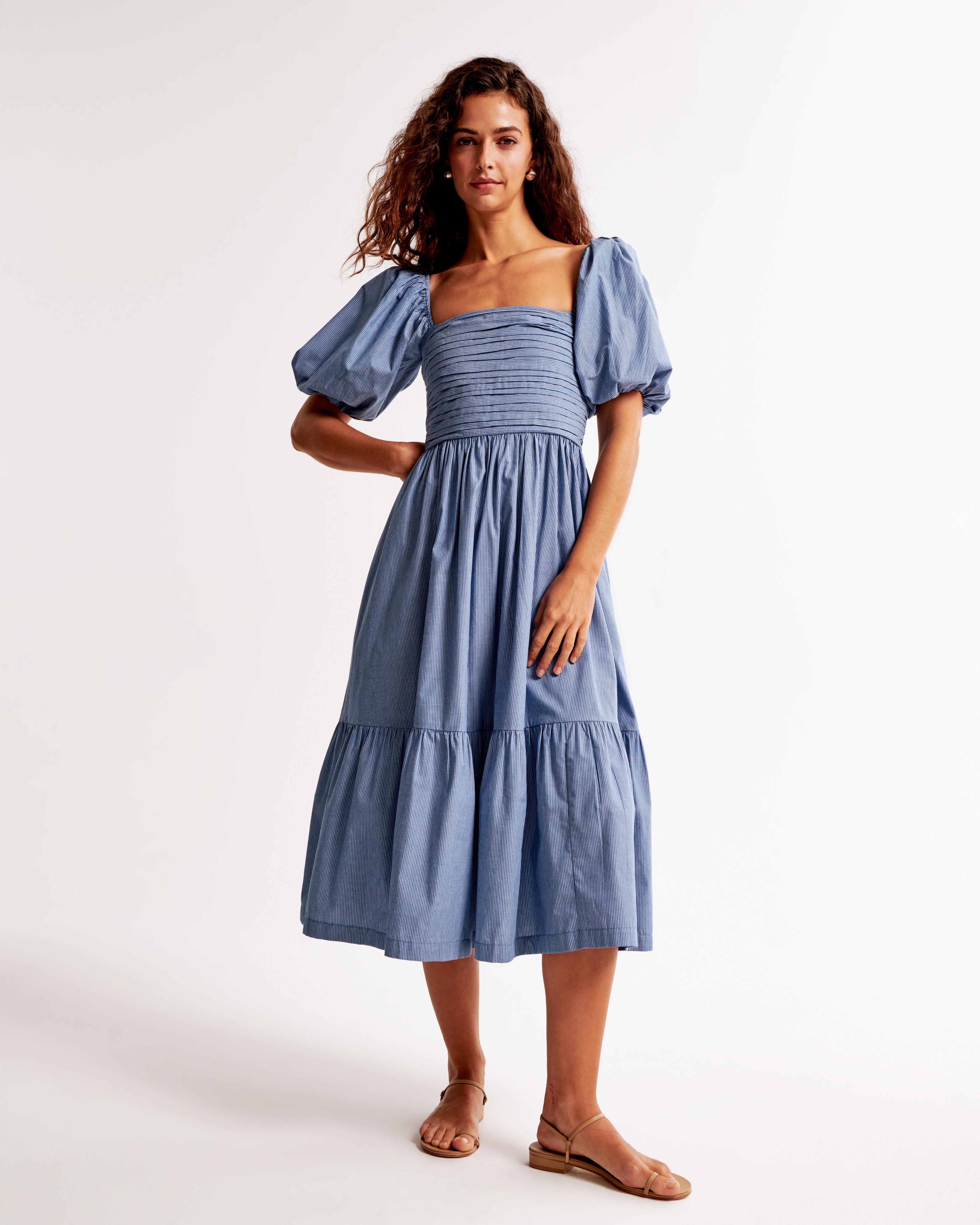 The A&F Emerson Poplin Puff Sleeve Midi Dress Product Image