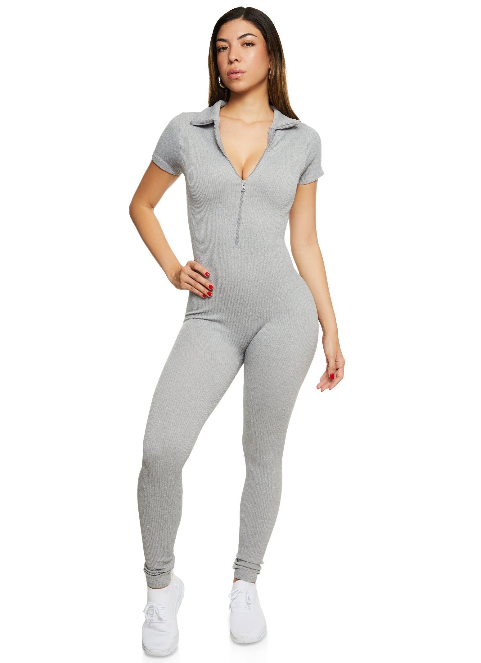 Womens Seamless Ribbed Collared Zip Front Jumpsuit Product Image