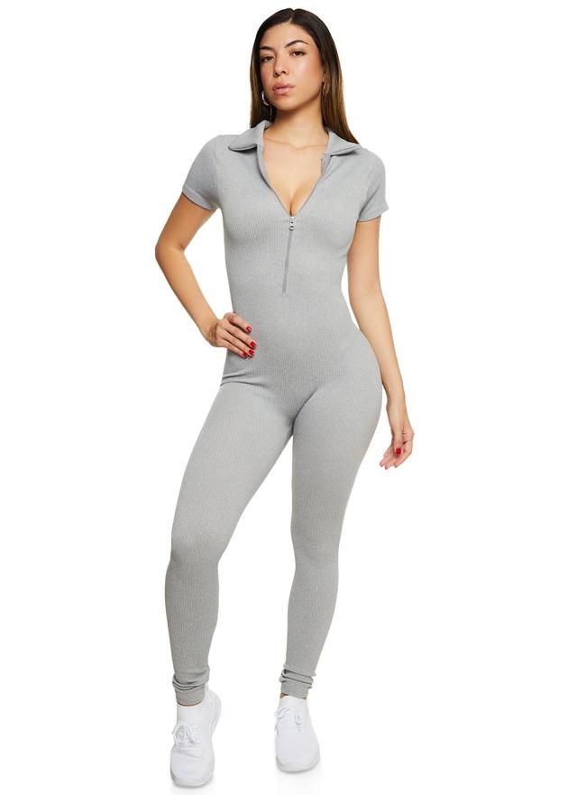 Womens Seamless Ribbed Collared Zip Front Jumpsuit Product Image