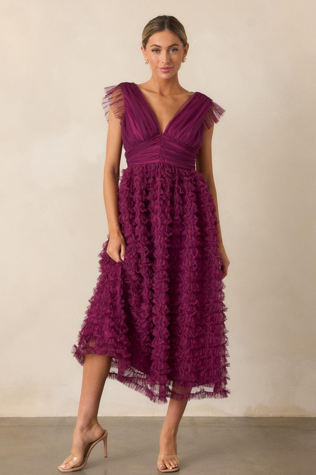 Fearless Hearts Plum Ruffle Midi Dress Product Image