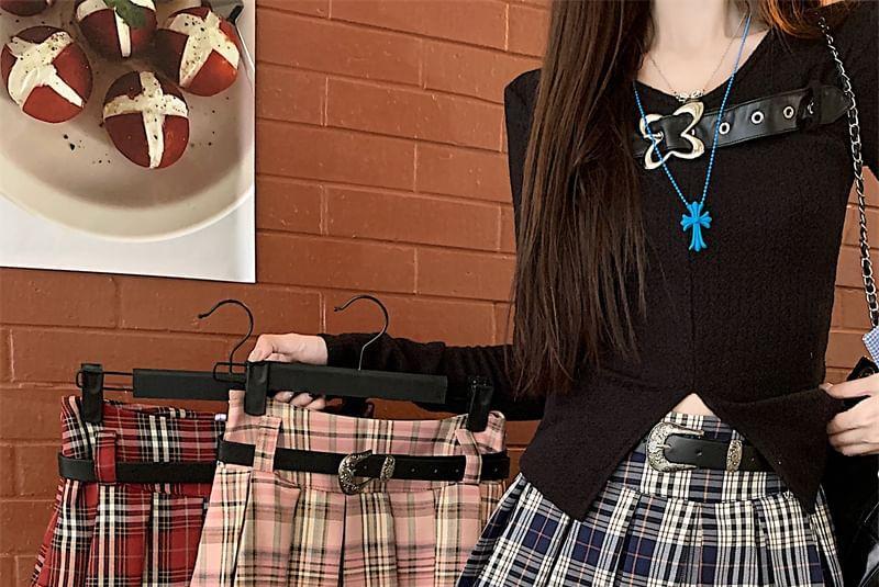 High Waist Plaid Pleated Mini A-Line Skirt Product Image