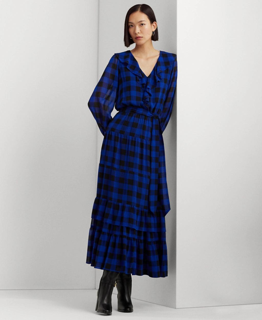 LAUREN RALPH LAUREN Buffalo Check Belted Georgette Dress In Blue,black Product Image