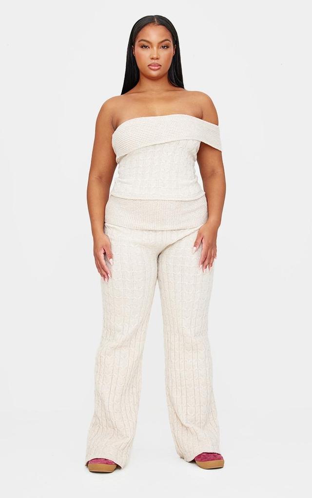 Plus Oatmeal Marl Textured Knit Foldover Wide Leg Pants Product Image