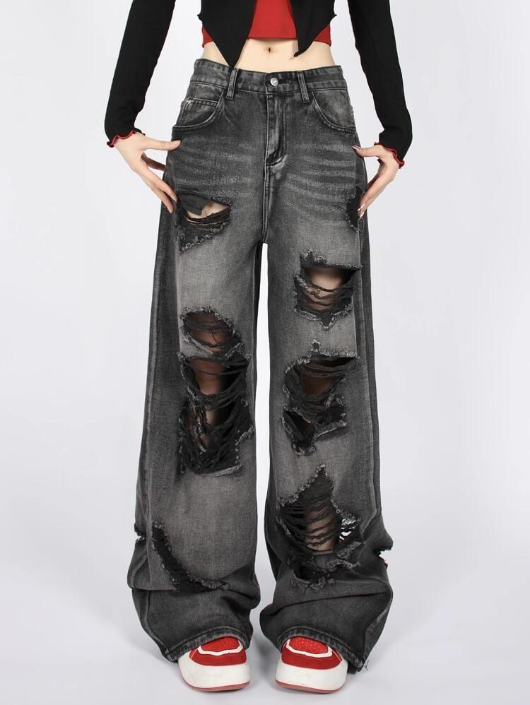 Low Rise Distressed Washed Wide Leg Jeans Product Image