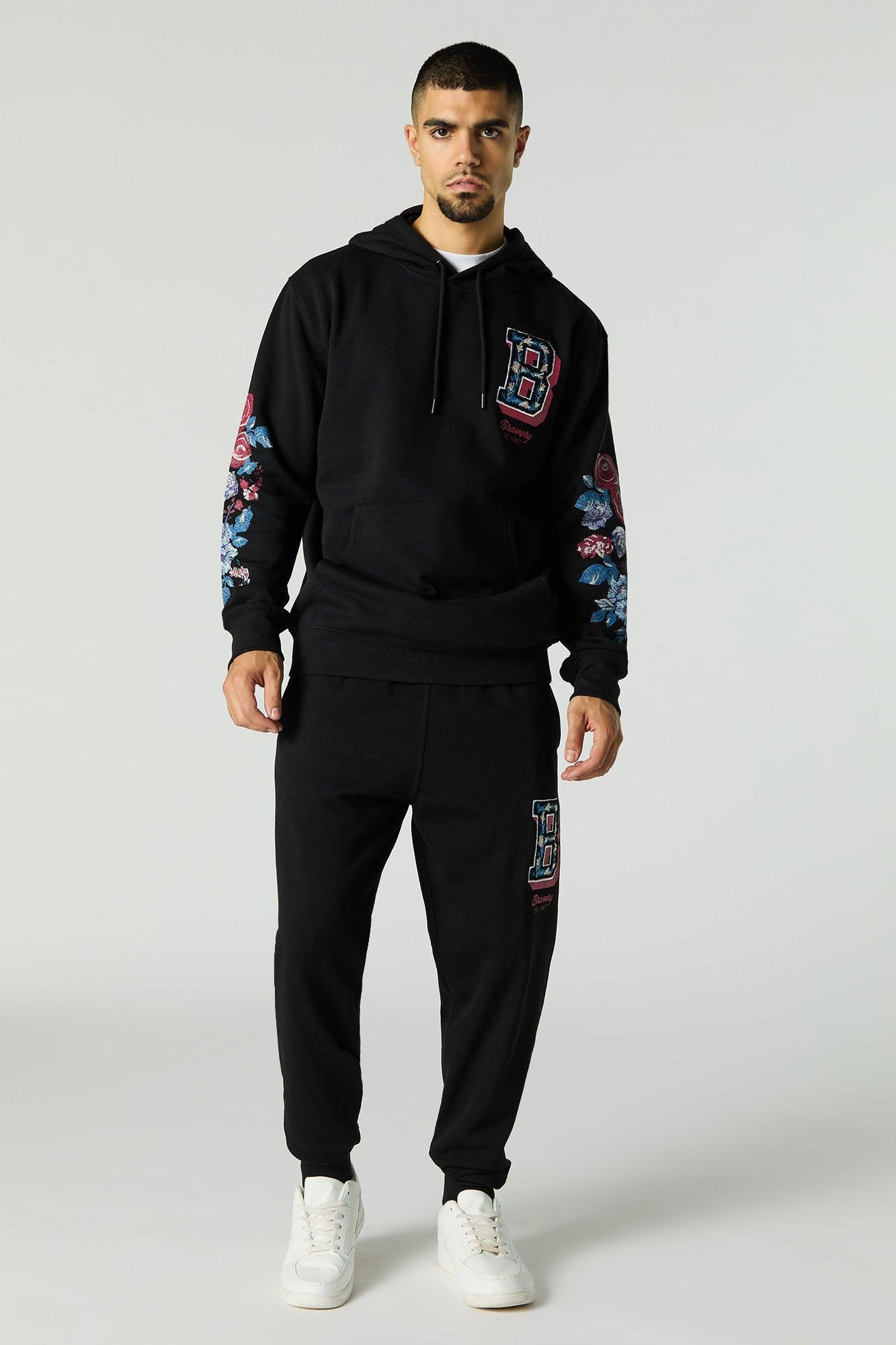 Floral B Embroidered Fleece Hoodie Male Product Image