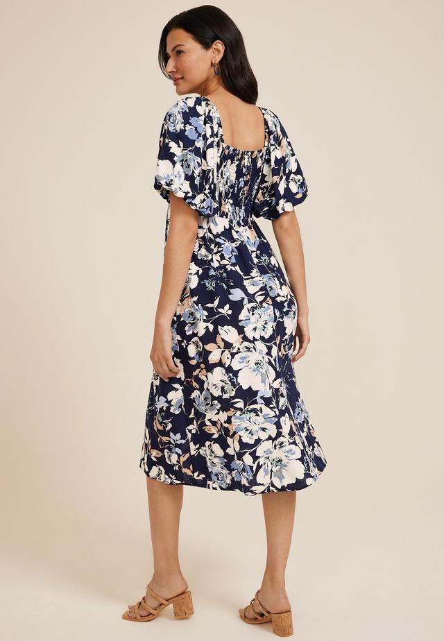 Floral Sweetheart Neck Bubble Short Sleeve Midi Dress Product Image