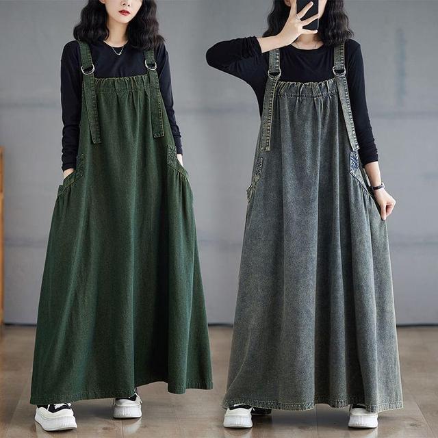 Washed Denim Maxi Dungaree Dress Product Image