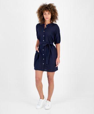 Women's Linen-Blend Puff-Sleeve Shirtdress   Product Image