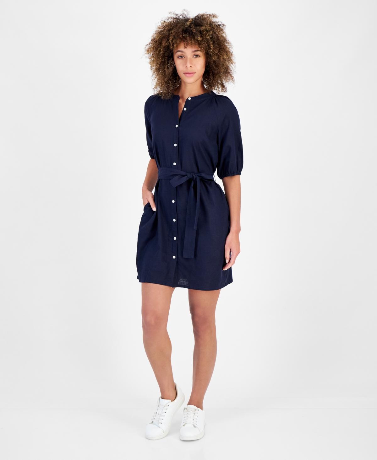 Women's Linen-Blend Puff-Sleeve Shirtdress   Product Image