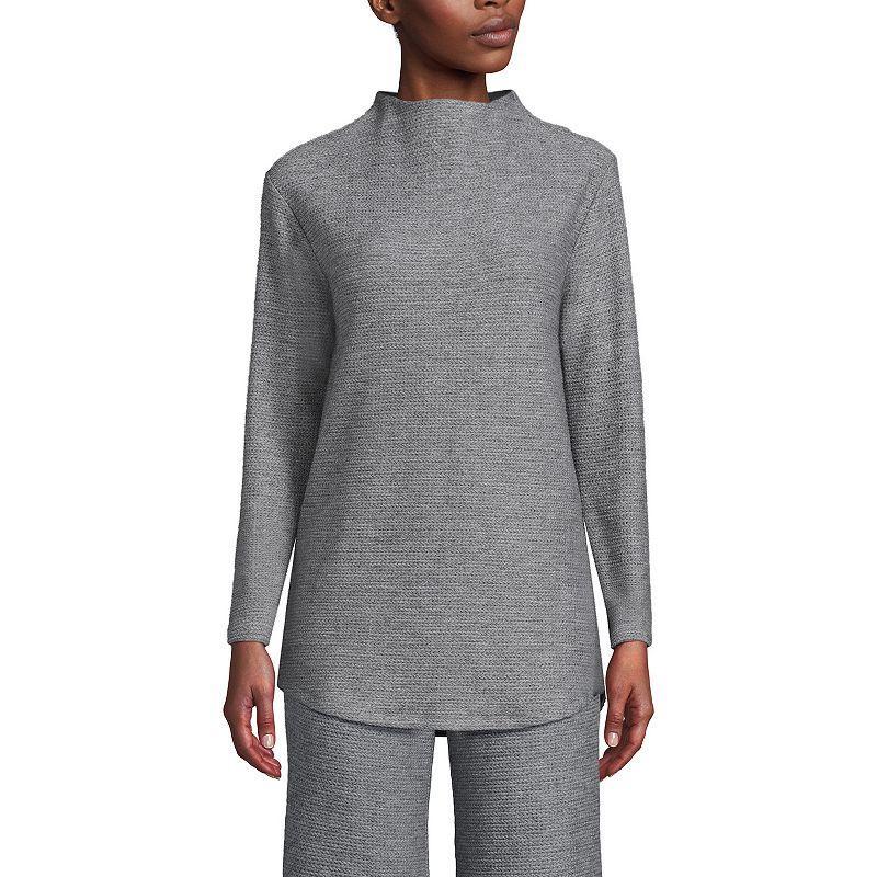 Petite Lands End Cable Ottoman Relaxed Long Sleeve Funnel Neck Tunic, Womens Deep Navy Grey Product Image