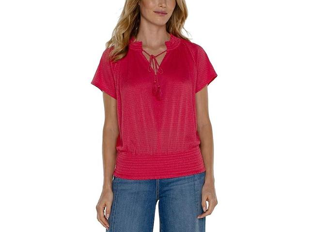 Liverpool Los Angeles Short Sleeve Smocked Raglan Knit Top with Neck Tie (Berry Blossom) Women's Clothing Product Image