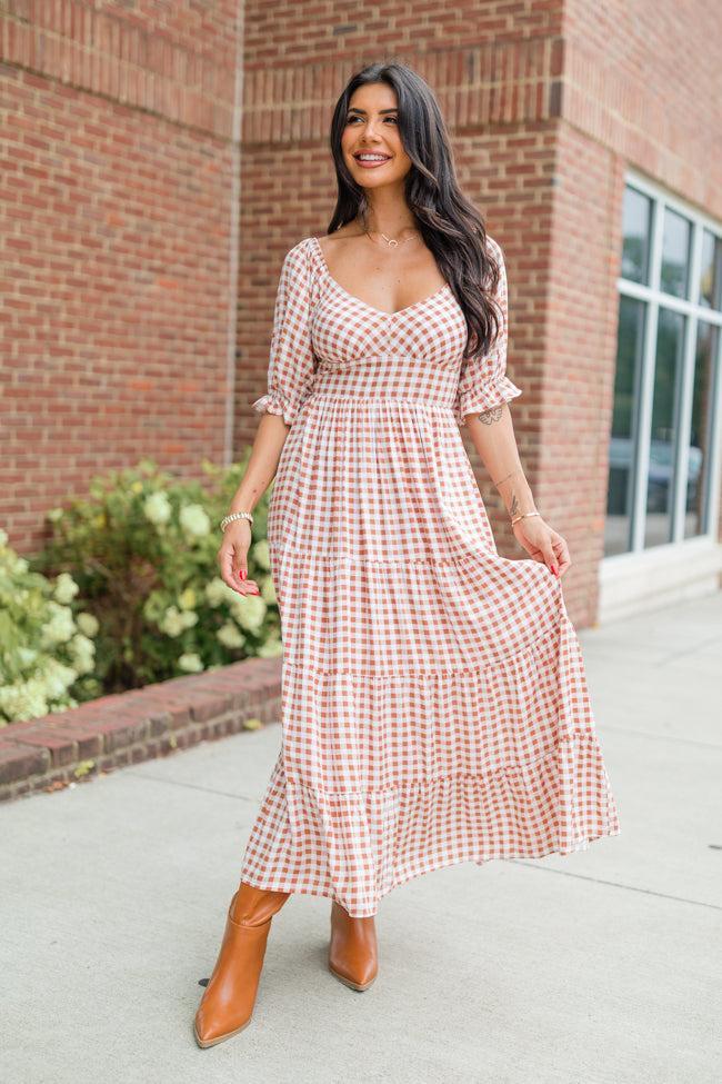 Thankful For You Rust Gingham Puff Sleeve Midi Dress product image