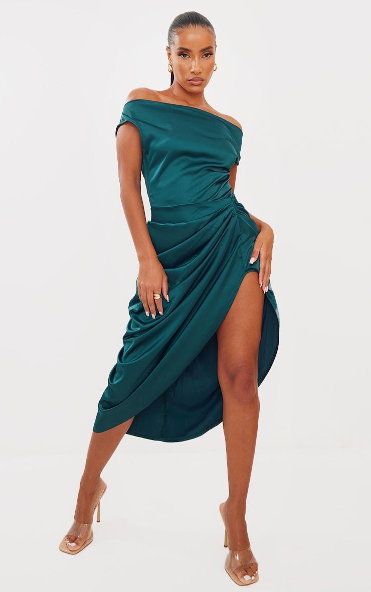 Emerald Green Satin Off The Shoulder Draped Skirt Midi Dress Product Image