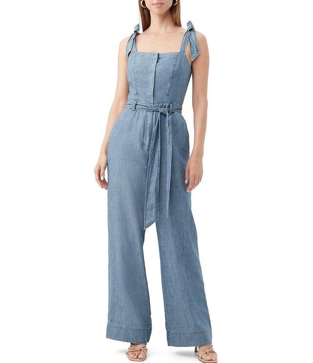 Trina Turk Pago Chambray Denim Square Neck Sleeveless Belted Wide-Leg Jumpsuit Product Image