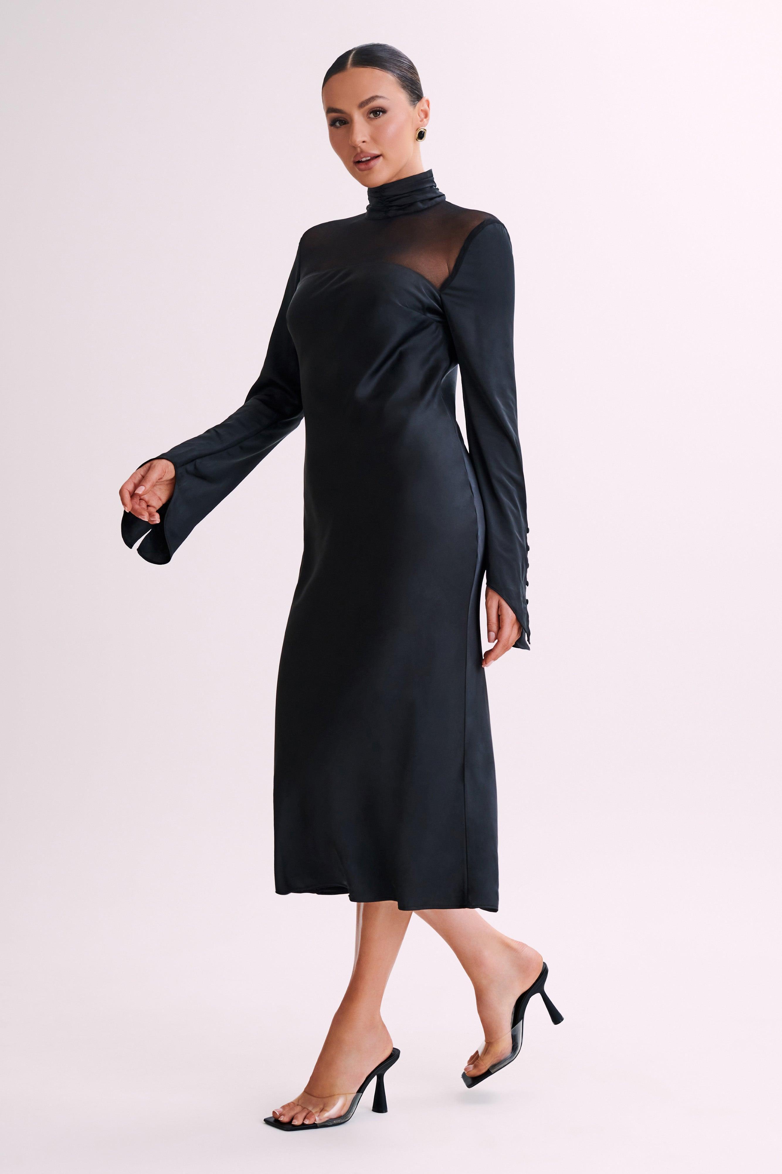 Patricia High Neck Satin Midi Dress - Black Product Image