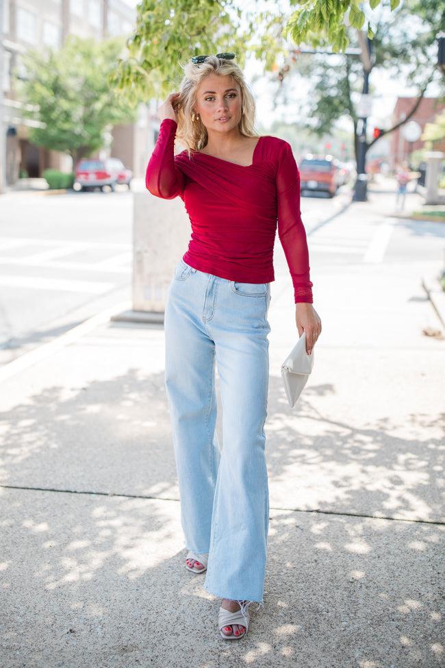 Forever Happy Red Mesh Overlay Off The Shoulder Top Product Image