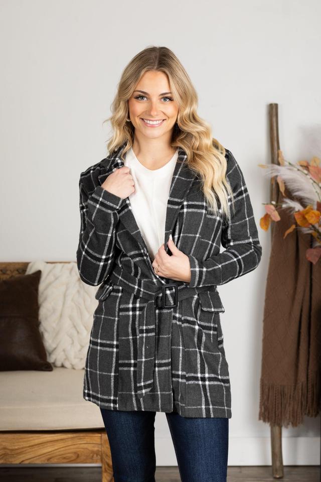 Grey Plaid Print Belted Jacket Product Image