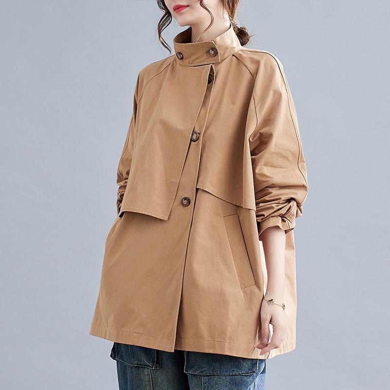 Stand Collar Plain Single-Breasted Trench Jacket Product Image