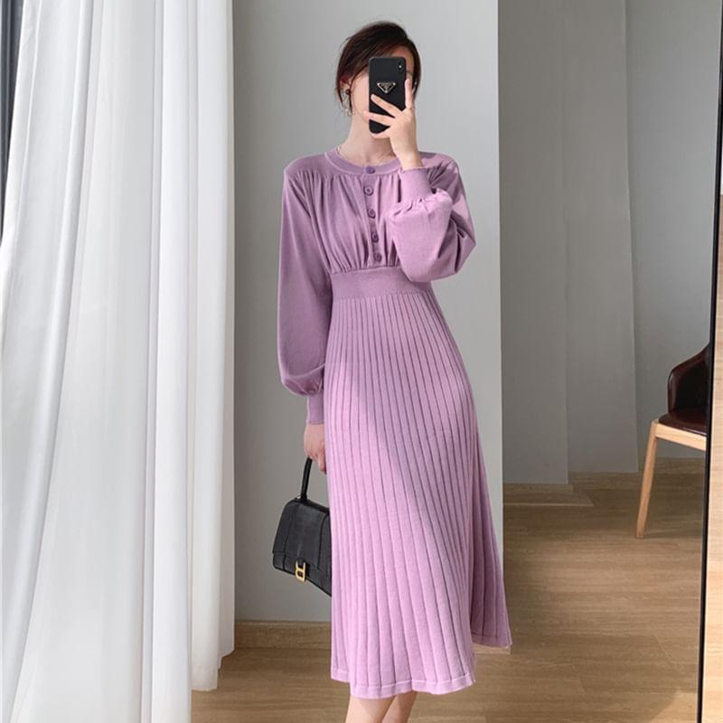 Long-Sleeve Crewneck Plain Knit Midi A-Line Dress Product Image