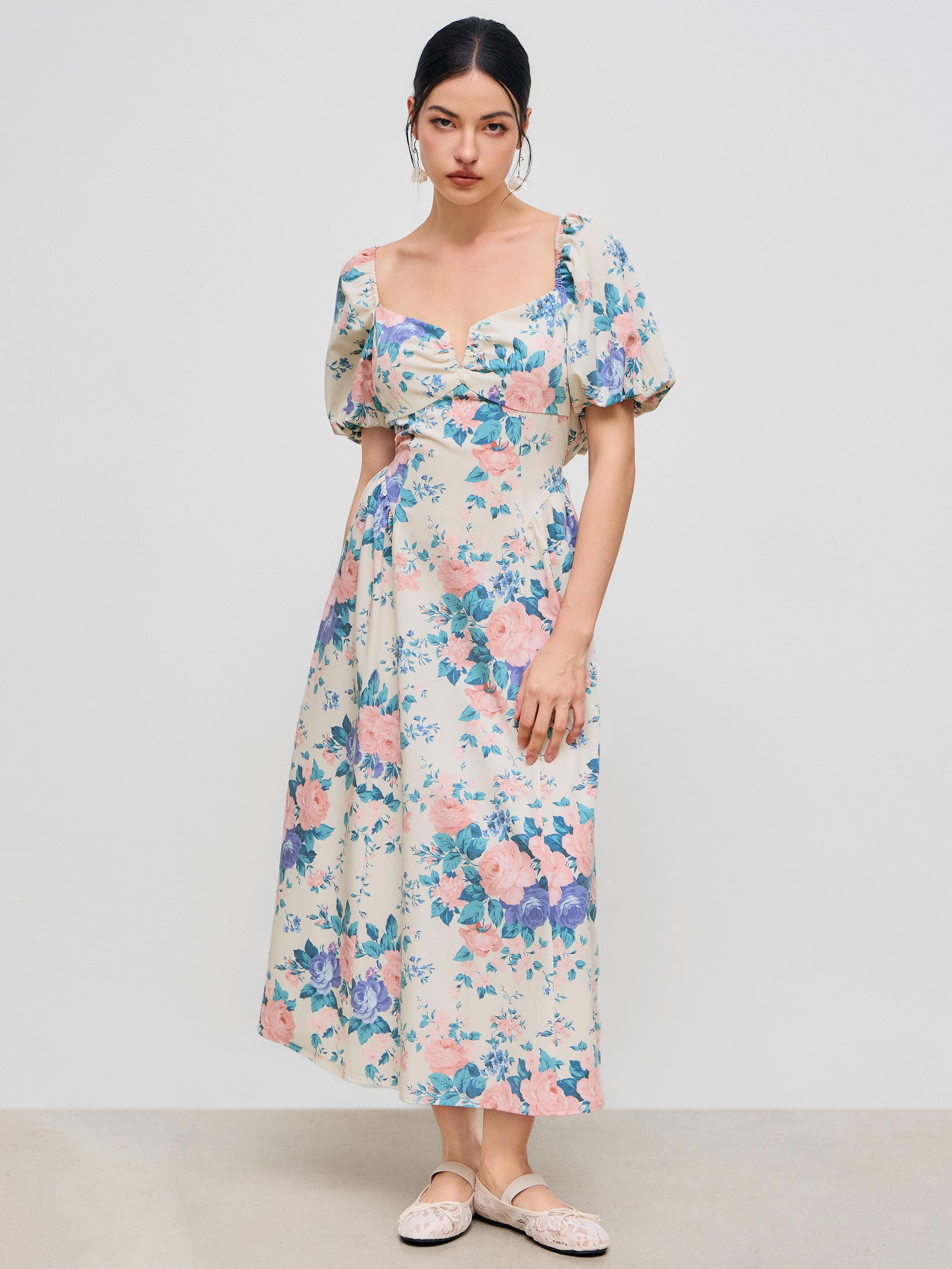 Sweetheart Neckline Floral Bowknot Midi Dress Product Image