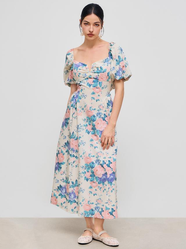 Sweetheart Neckline Floral Bowknot Midi Dress Product Image