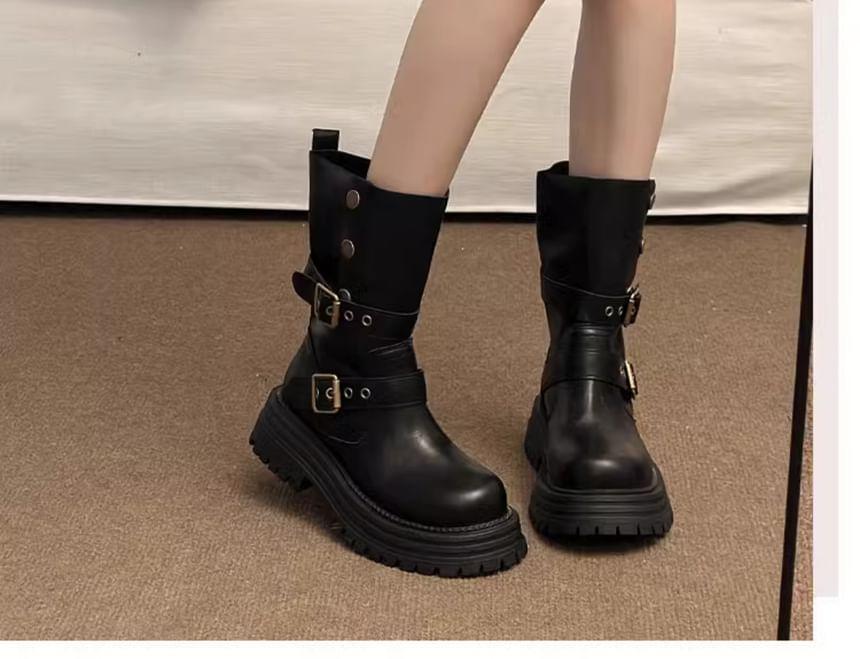 Platform Buckled Mid Calf Boots Product Image