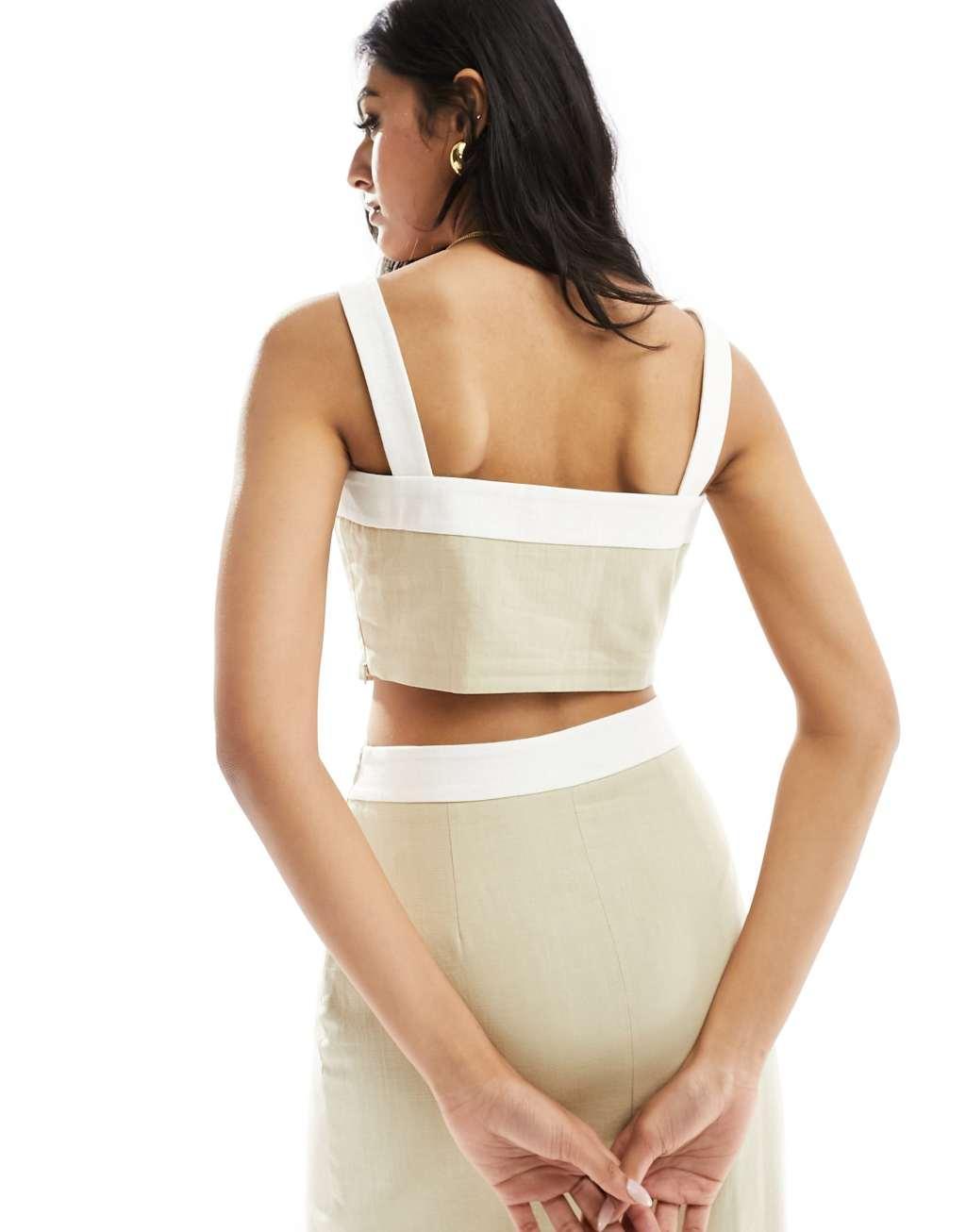 4th & Reckless linen look contrast trim cami crop top in beige - part of a set Product Image