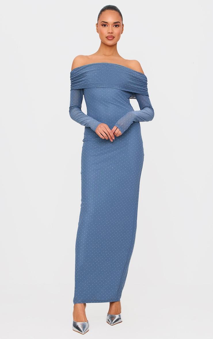 Steel Blue Diamante Bardot Long Sleeve Flare Sleeve Maxi Dress Product Image