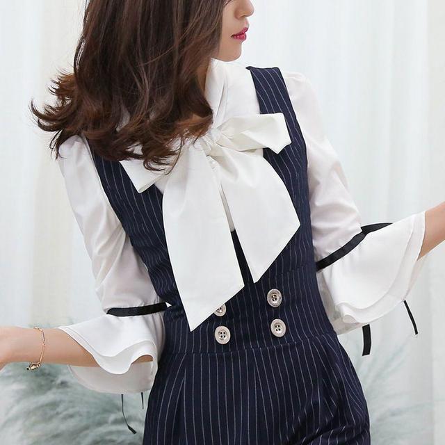 Tie-Neck Blouse/ Pinstripe Sleeveless Playsuit Product Image