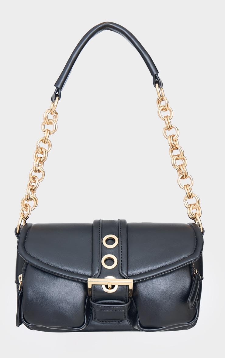 Black PU Buckle Detail Link Handle Shoulder Bag Product Image