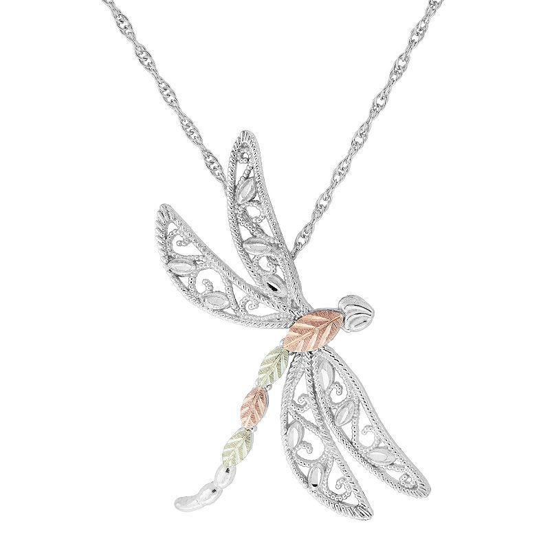 Black Hills Gold Tri-Tone Dragonfly Pendant Necklace in Sterling Silver, Womens Product Image