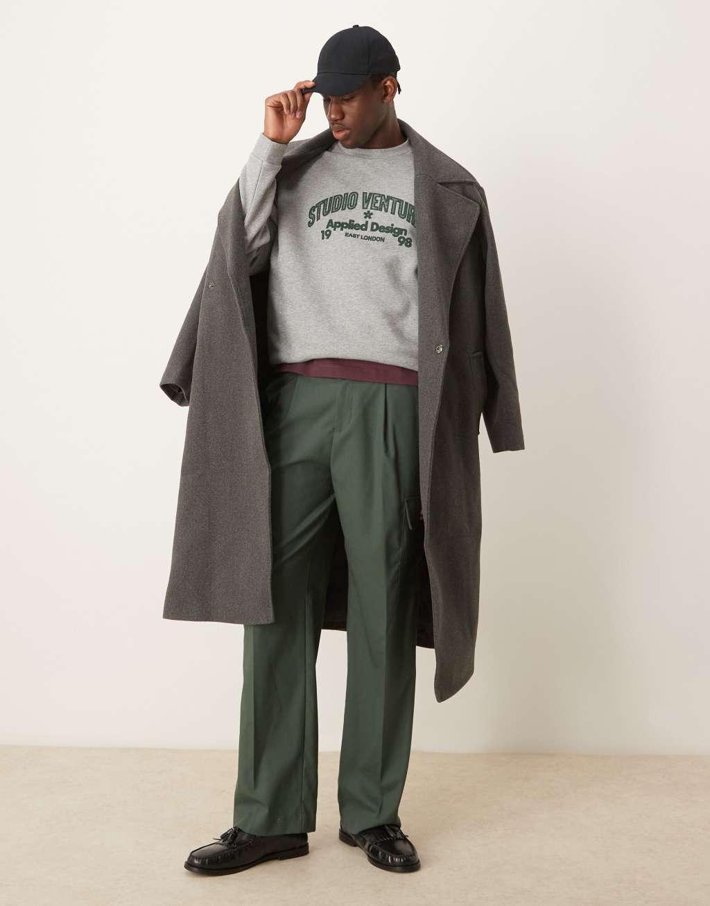 ASOS DESIGN oversized sweatshirt with green print in gray heather Product Image