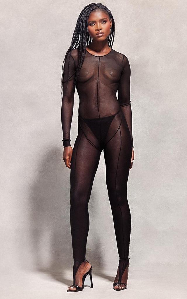 Black Mesh Seam Detail Toe Thong Jumpsuit Product Image