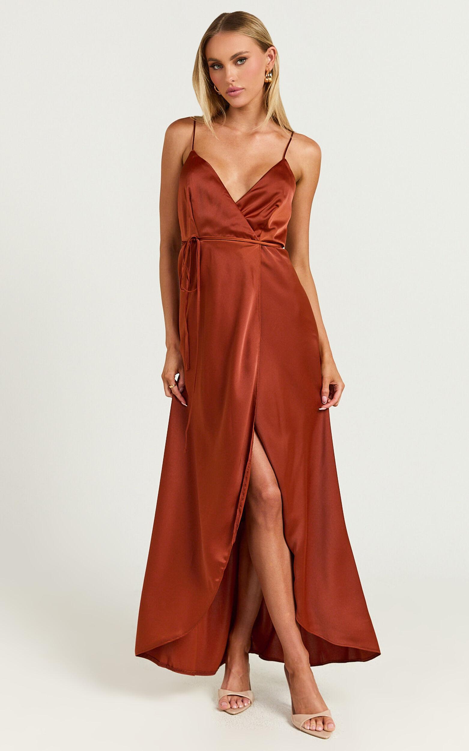 Mine Would Be You Midi Dress - Wrap Dress in Copper Satin Product Image