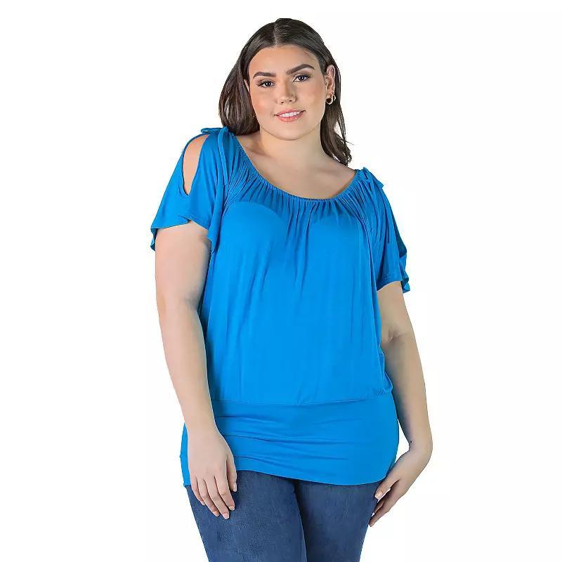 Plus Size 24seven Comfort Apparel Short Sleeve Split Shoulder Top, Womens Blue Product Image