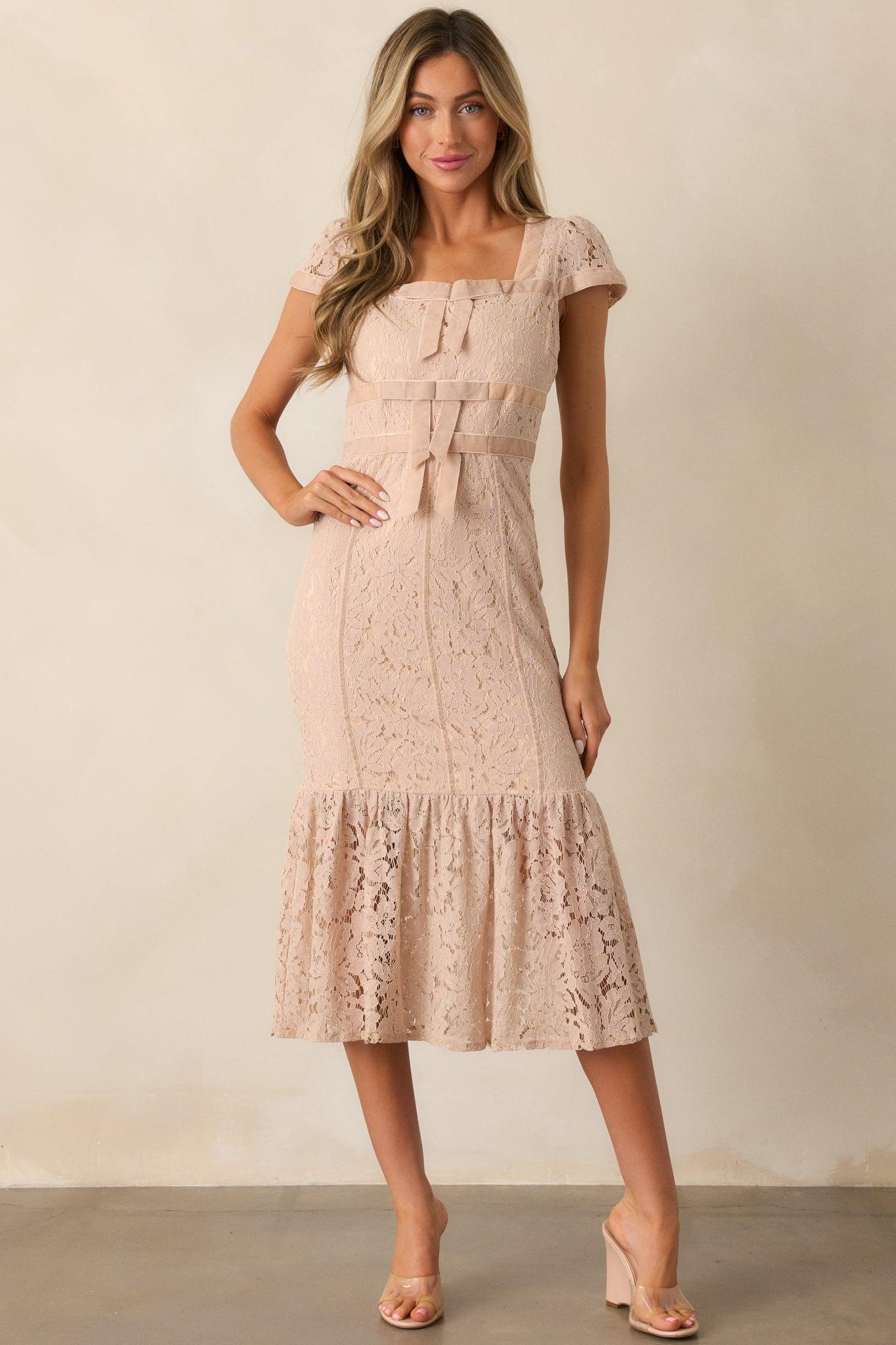 Cobblestone Chronicles Blush Lace Midi Dress Product Image