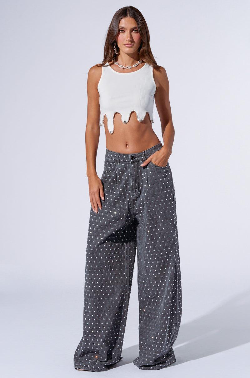 DAZZLED RHINESTONE STUDDED DENIM PANTS IN BLACK Girls Product Image