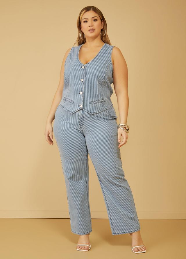 Plus Size Pinstriped Straight Leg Jeans Ashley Stewart Product Image