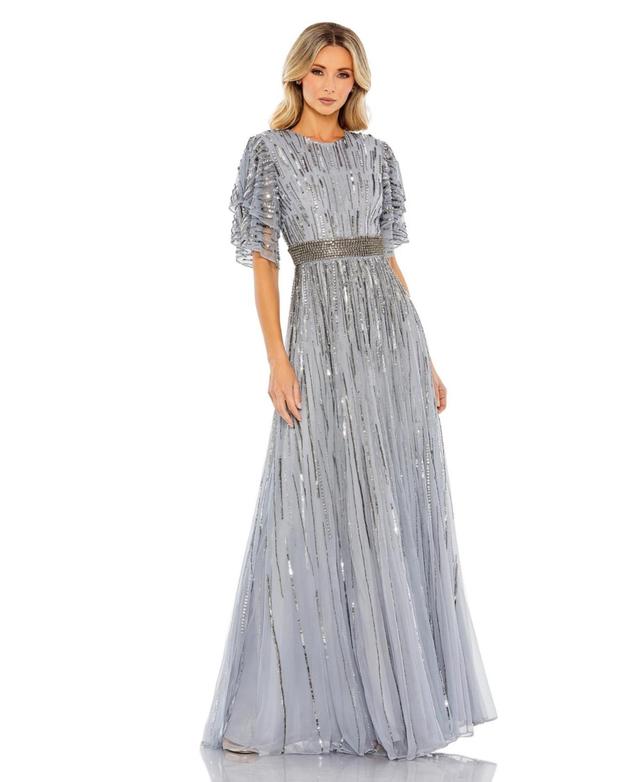 Womens Beaded Flutter Sleeve Gown Product Image