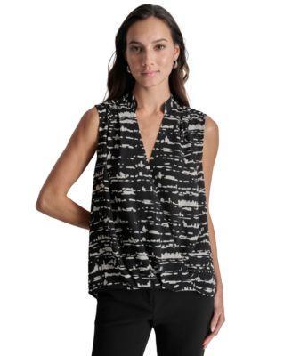 Dkny Womens Printed Surplice Sleeveless Top - Blk Product Image