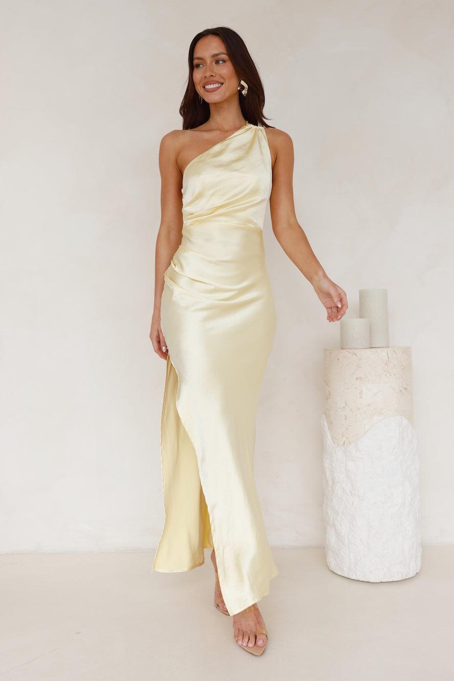 Luxe Charm One Shoulder Satin Maxi Dress Yellow Product Image