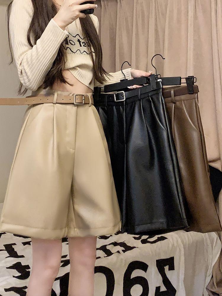 High Waist Plain Faux Leather Shorts Product Image